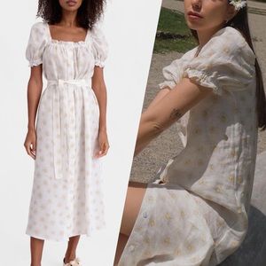 Sleeper Brigitte Midi Linen Dress in white & yellow daisies puff sleeve cottage